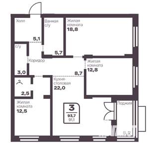 3-к квартира, вторичка, 91м2, 3/17 этаж