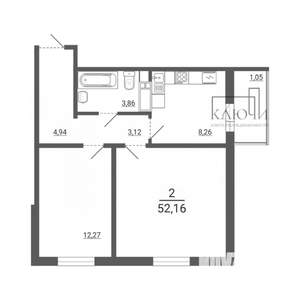 2-к квартира, вторичка, 52м2, 14/14 этаж