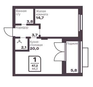 1-к квартира, вторичка, 44м2, 7/17 этаж