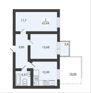 2-к квартира, вторичка, 63м2, 2/3 этаж