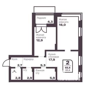 2-к квартира, вторичка, 66м2, 2/17 этаж