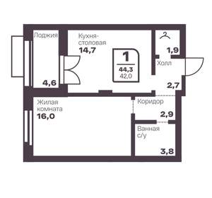 1-к квартира, вторичка, 42м2, 2/17 этаж