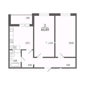 2-к квартира, вторичка, 61м2, 1/14 этаж