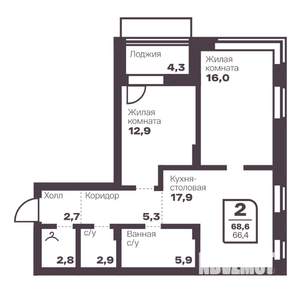 2-к квартира, вторичка, 66м2, 12/17 этаж