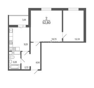 2-к квартира, вторичка, 53м2, 14/14 этаж
