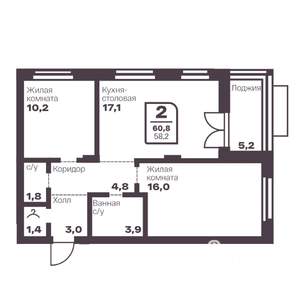 2-к квартира, вторичка, 58м2, 3/10 этаж
