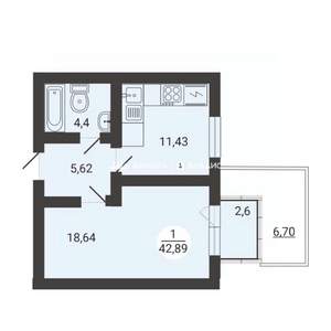 1-к квартира, вторичка, 43м2, 1/3 этаж