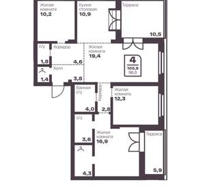 4-к квартира, вторичка, 96м2, 9/10 этаж