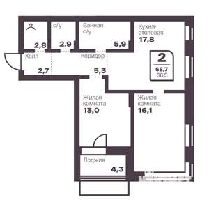 2-к квартира, вторичка, 67м2, 7/17 этаж
