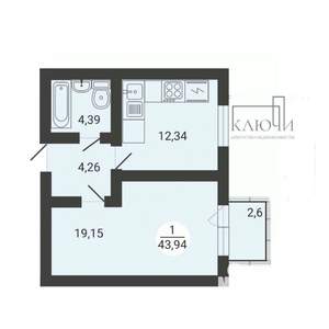 1-к квартира, вторичка, 43м2, 2/3 этаж