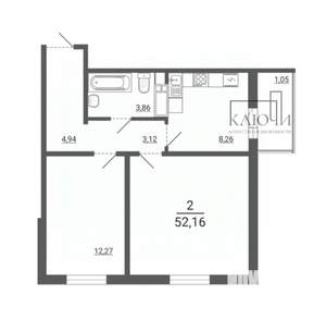 2-к квартира, вторичка, 52м2, 14/14 этаж