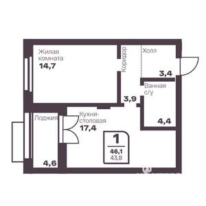 1-к квартира, вторичка, 44м2, 2/17 этаж