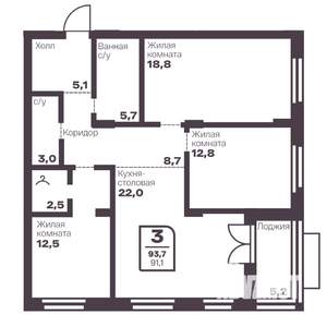 3-к квартира, вторичка, 91м2, 4/17 этаж