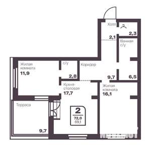 2-к квартира, вторичка, 69м2, 9/17 этаж