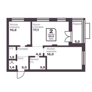 2-к квартира, вторичка, 58м2, 2/17 этаж