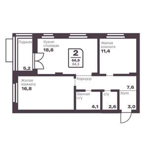 2-к квартира, вторичка, 64м2, 6/17 этаж