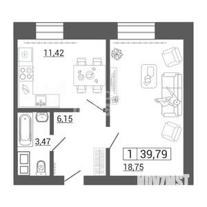1-к квартира, вторичка, 39м2, 6/9 этаж