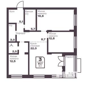 3-к квартира, вторичка, 91м2, 2/17 этаж
