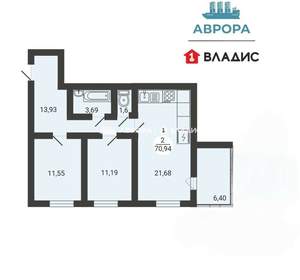 2-к квартира, вторичка, 68м2, 3/3 этаж