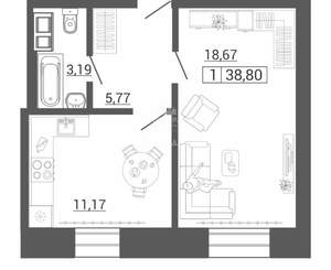 1-к квартира, вторичка, 39м2, 2/9 этаж