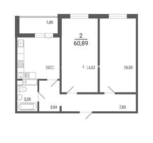 2-к квартира, вторичка, 61м2, 1/14 этаж