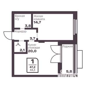 1-к квартира, вторичка, 44м2, 6/17 этаж