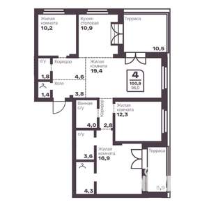 4-к квартира, вторичка, 96м2, 9/10 этаж