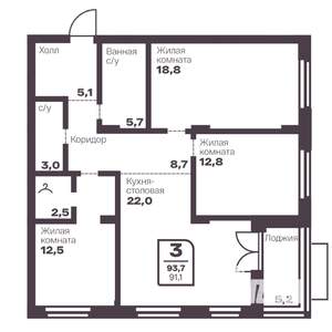 3-к квартира, вторичка, 91м2, 2/10 этаж
