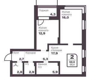 2-к квартира, вторичка, 66м2, 14/17 этаж
