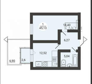 1-к квартира, вторичка, 45м2, 1/3 этаж