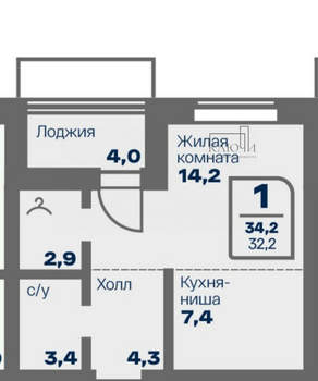 1-к квартира, вторичка, 32м2, 4/16 этаж