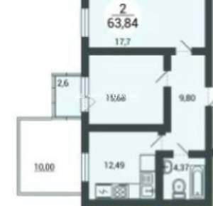 2-к квартира, вторичка, 64м2, 1/3 этаж
