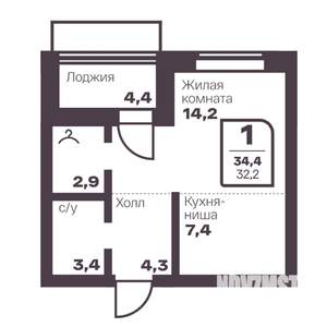 1-к квартира, вторичка, 32м2, 3/17 этаж