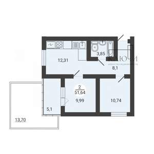 2-к квартира, вторичка, 52м2, 2/10 этаж