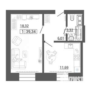 1-к квартира, вторичка, 39м2, 3/10 этаж