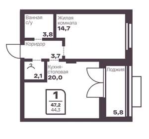 1-к квартира, вторичка, 44м2, 3/17 этаж