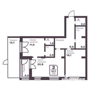 2-к квартира, вторичка, 74м2, 1/17 этаж