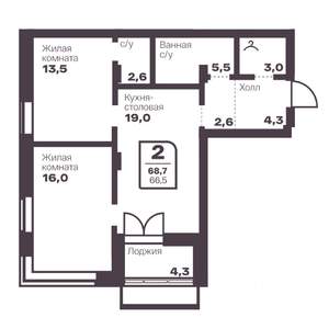 2-к квартира, вторичка, 67м2, 2/17 этаж