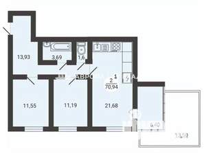 2-к квартира, вторичка, 70м2, 2/3 этаж