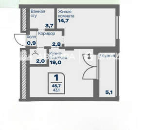 1-к квартира, вторичка, 43м2, 2/9 этаж
