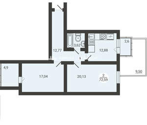 2-к квартира, вторичка, 70м2, 2/3 этаж