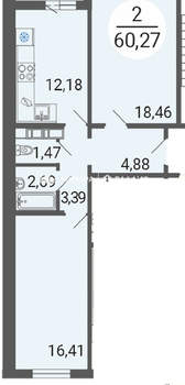 2-к квартира, вторичка, 60м2, 8/14 этаж