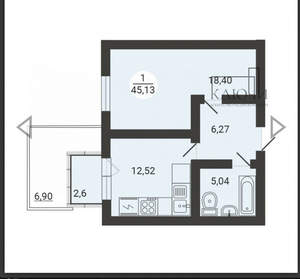 1-к квартира, вторичка, 45м2, 1/3 этаж