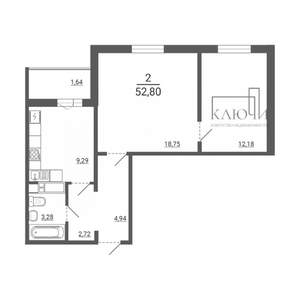 2-к квартира, вторичка, 53м2, 12/14 этаж
