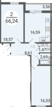 2-к квартира, вторичка, 66м2, 3/14 этаж