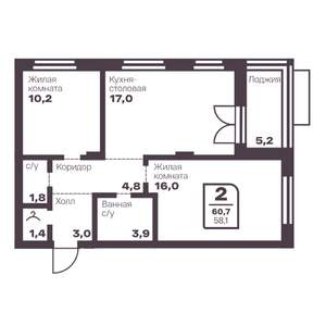 2-к квартира, вторичка, 58м2, 2/10 этаж