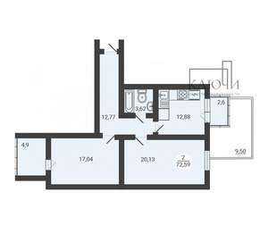 2-к квартира, вторичка, 73м2, 1/3 этаж
