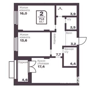 2-к квартира, вторичка, 69м2, 2/10 этаж