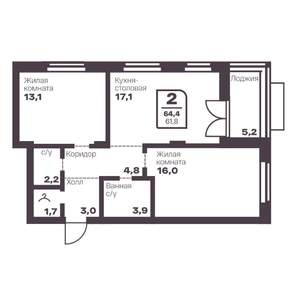 2-к квартира, вторичка, 62м2, 2/10 этаж