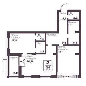 2-к квартира, вторичка, 75м2, 6/10 этаж